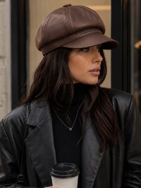 Brown Genuine Lambskin Leather Newsboy Cap Women’s French Beret Hat